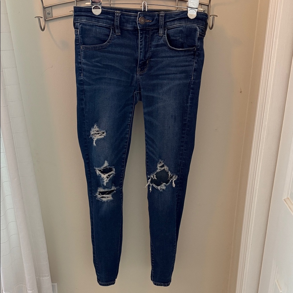 American Eagle Outfitters Next Level Stretch Dark Blue Distressed Skinny Jeans
